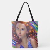 Dromerig meisje met regenbooglampen tote bag (Achterkant)
