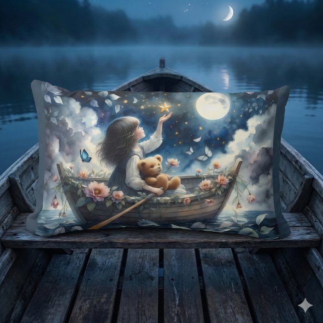 Dromerig Meisje Roeiend Boot Maneschijn Fantasie S Kussen (Dreamy Girl Rowing Boat Moonlit Fantasy Scene Lumbar Pillow Mockup C)