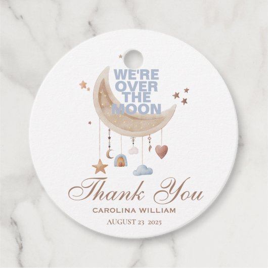 Dromerig over de maan blauw baby shower bedankjes labels (Voorkant)