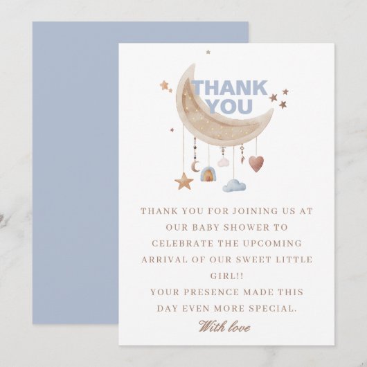 Dromerig over de maan blauw baby shower bedankkaart (Voorkant / Achterkant)