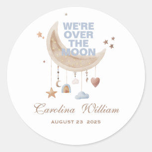 Dromerig over de maan blauw baby shower ronde sticker