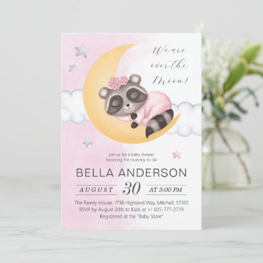 Dromerig over de maan wasbeer meisje Baby shower Kaart (Staand voorkant)