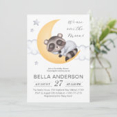 Dromerig Over The Moon Raccoon Boy Baby shower Kaart (Staand voorkant)