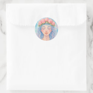 Dromerig Pastel Meisje met Tulp Bloemenkroon Illus Ronde Sticker