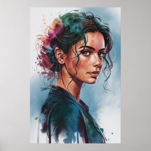 Dromerig portret van vrouw in waterverf met kleurr poster
