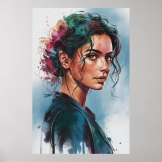 Dromerig portret van vrouw in waterverf met kleurr poster