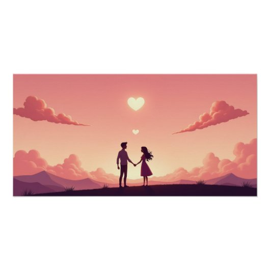 Dromerig Silhouet van Stel bij Zonsondergang  Perfect Poster (Voorkant)