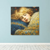 Dromerig Slaand Kind in Bloemetjesdeken Canvas Afdruk (Insitu (Houten vloer))