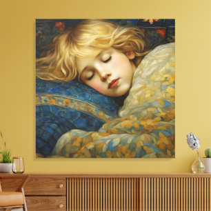 Dromerig slapend kind in bloemenquilt canvas afdruk