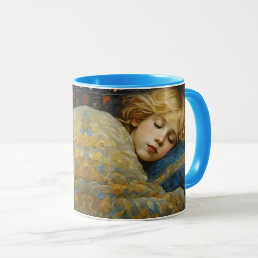 Dromerig slapend kind in bloemenquilt mok (Voorkant rechts)