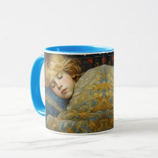 Dromerig slapend kind in bloemenquilt mok (Voorkant links)