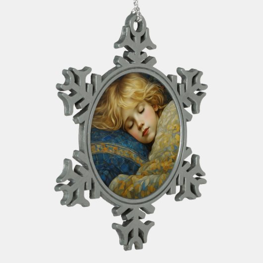 Dromerig slapend kind in bloemenquilt tin sneeuwvlok ornament (Links)