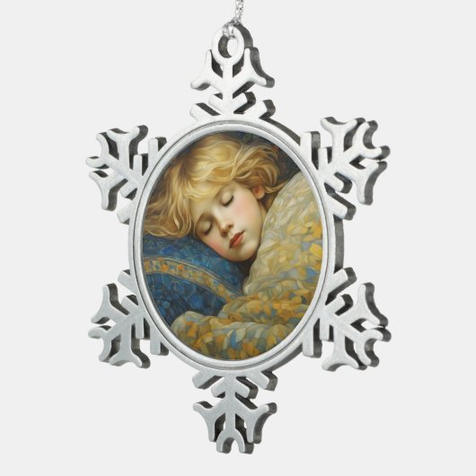 Dromerig slapend kind in bloemenquilt tin sneeuwvlok ornament (Rechts)