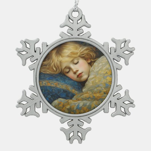 Dromerig slapend kind in bloemenquilt tin sneeuwvlok ornament (Voorkant)