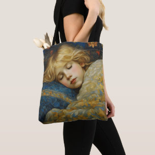 Dromerig slapend kind in bloemenquilt tote bag