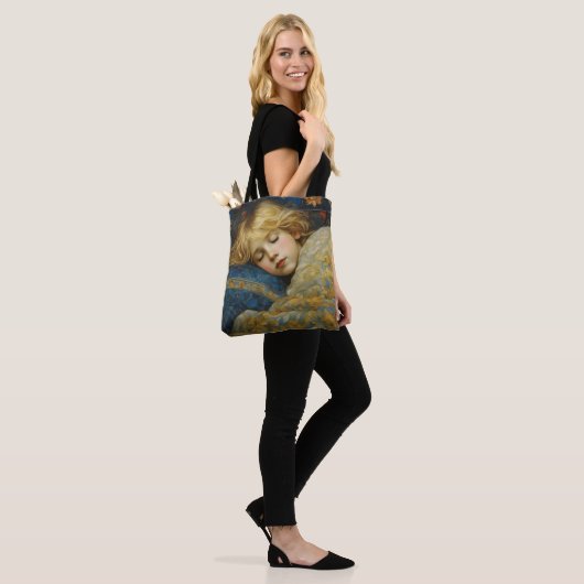 Dromerig slapend kind in bloemenquilt tote bag (Op model)