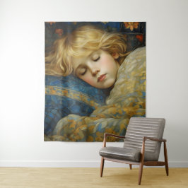 Dromerig slapend kind in bloemenquilt wandkleed