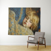 Dromerig slapend kind in bloemenquilt wandkleed (In Situ (horizontaal))