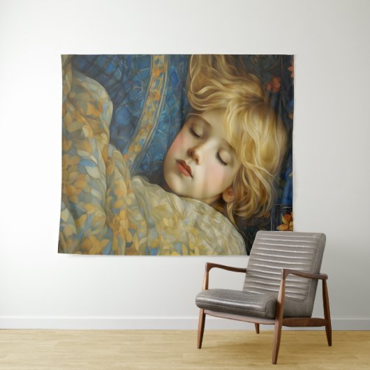 Dromerig slapend kind in bloemenquilt wandkleed (In Situ (horizontaal))