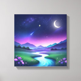 Dromerig Sterrenlicht Rivier Landschap Sereniteit Canvas Afdruk