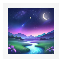 Dromerig Sterrenlicht Rivier Landschap Sereniteit Foto Afdruk