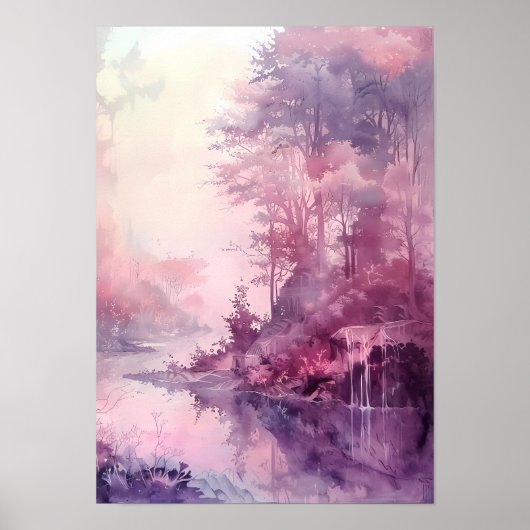 Dromerig waterverf bos in roze tinten poster (Voorkant)