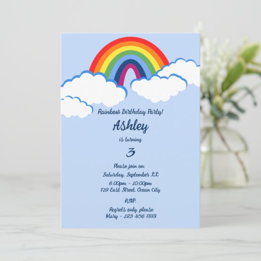 Dromerige 3e verjaardag Regenboog Feest Uitnodigin Kaart (Staand voorkant)