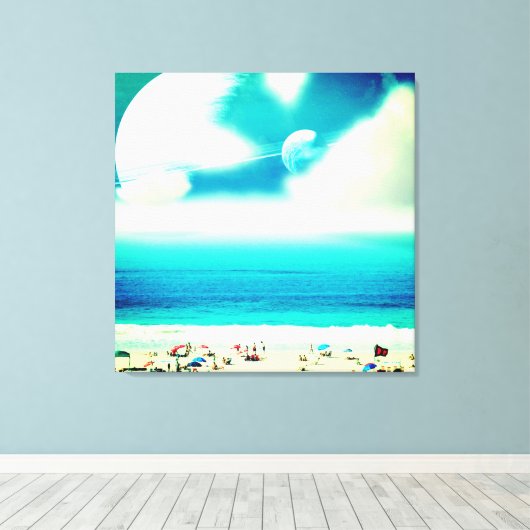 Dromerige abstracte oceaanstrand en ruimteplaneten canvas afdruk (Insitu (Houten vloer))