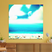 Dromerige abstracte oceaanstrand en ruimteplaneten canvas afdruk (Insitu (Woonkamer))