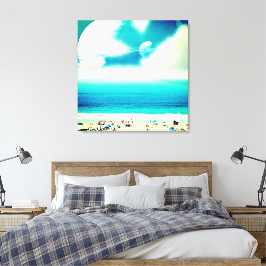 Dromerige abstracte oceaanstrand en ruimteplaneten canvas afdruk (Insitu (Slaapkamer))