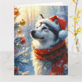 Dromerige Alaskan Malamute kerst Waterverf Kaart (Gele Bloem)