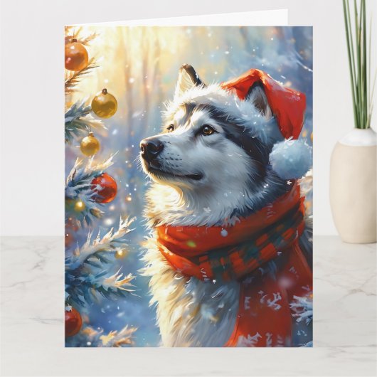 Dromerige Alaskan Malamute kerst Waterverf Kaart (Voorkant)