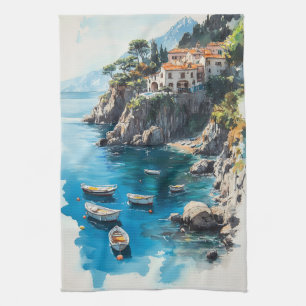 Dromerige Amalfikust: Watercolor Schildering Ontwe Theedoek