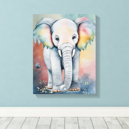 Dromerige Aquarel Baby Olifant Muurkunst Canvas Afdruk