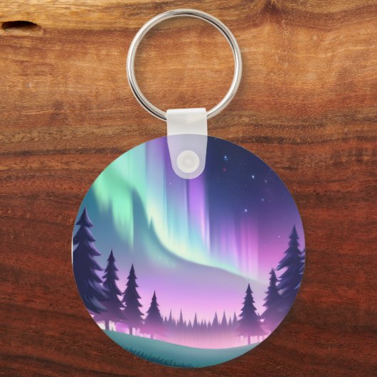 Dromerige Aurora-nacht: Paarse bos en groen licht Sleutelhanger (Achterkant)