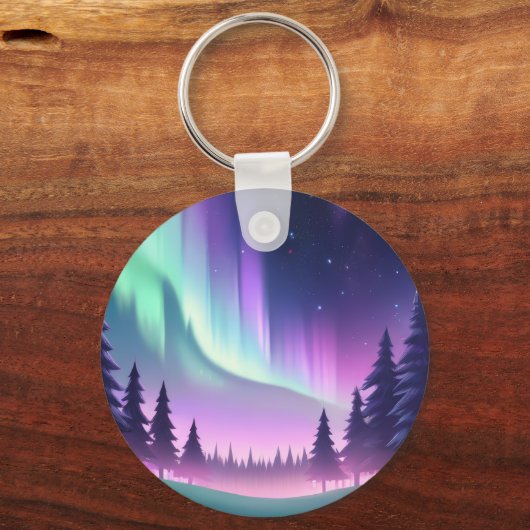 Dromerige Aurora-nacht: Paarse bos en groen licht Sleutelhanger (Voorkant)