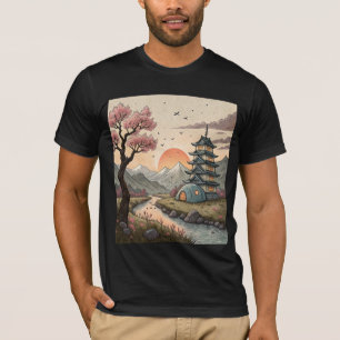 Dromerige bergpagoosscène met rivier en bloesem t-shirt