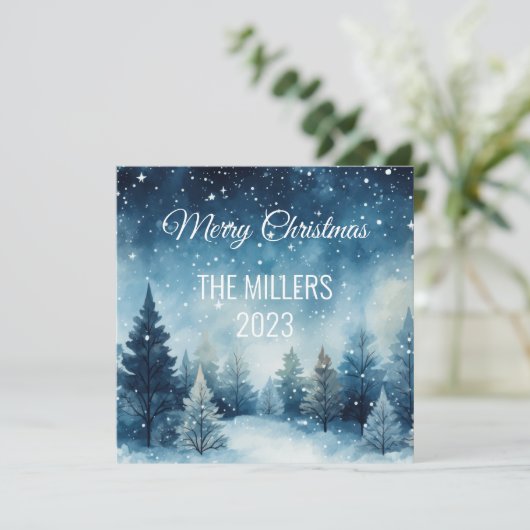 Dromerige besneeuwde waterverf winterlandschap kaart (Staand voorkant)