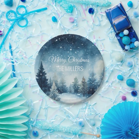 Dromerige besneeuwde waterverf winterlandschap papieren bordje (Feest)