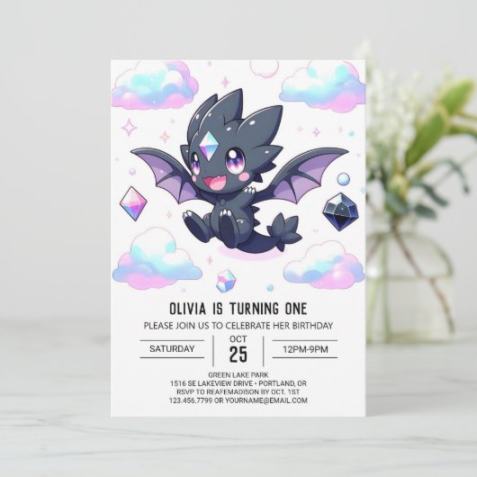 Dromerige betoverde draak 1e verjaardag kaart (Staand voorkant)