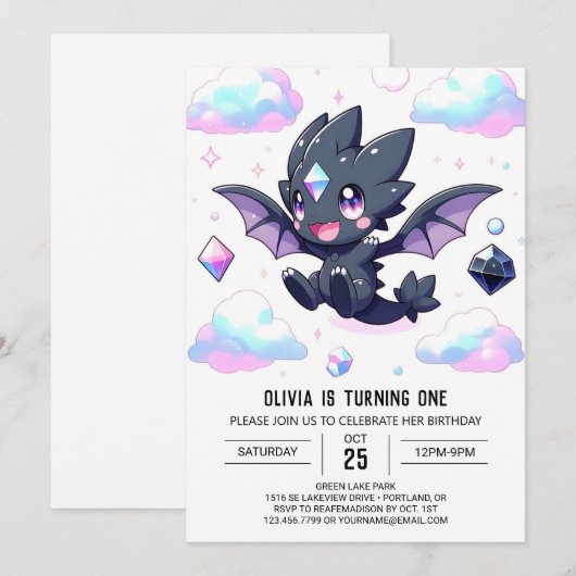 Dromerige betoverde draak 1e verjaardag kaart (Voorkant / Achterkant)