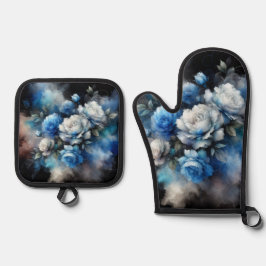 Dromerige Blauwe en Witte Rozen Ovenwant & Pannenlap Set