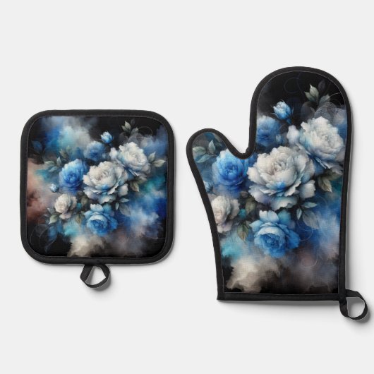 Dromerige Blauwe en Witte Rozen Ovenwant & Pannenlap Set (Voorkant)
