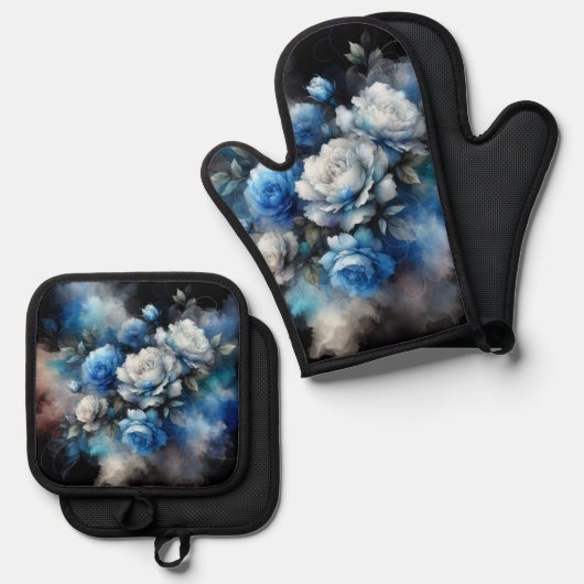 Dromerige Blauwe en Witte Rozen Ovenwant & Pannenlap Set (Voorkant / Achterkant)