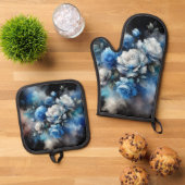 Dromerige Blauwe en Witte Rozen Ovenwant & Pannenlap Set (Top down)