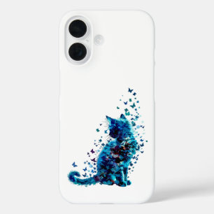 Dromerige blauwe kat – Vlinder & Bloemenkunst iPhone 16 Hoesje