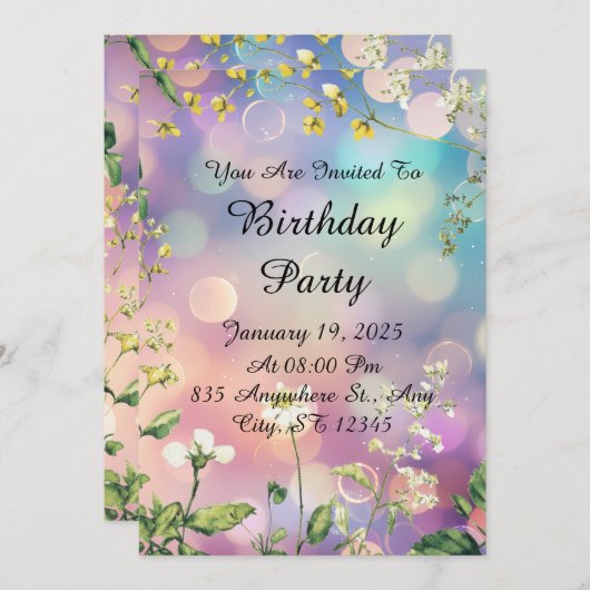 Dromerige Bloemen Verjaardag Uitnodiging (Voorkant / Achterkant)