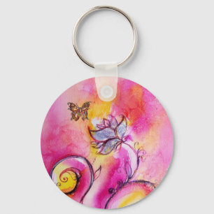 DROMERIGE BLOEMEN & VLINDERS roze geel blauw Sleutelhanger