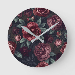 Dromerige Bloemen Waterverf Donkerrood Patroon Ronde Klok