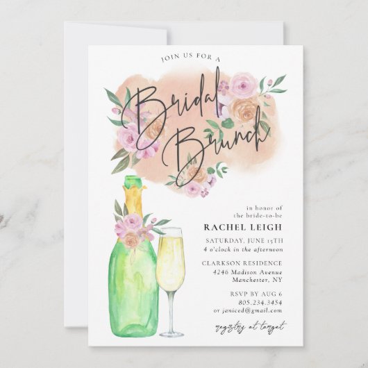 Dromerige bloemige bruidschampagne brunch uitnodig kaart (Voorkant)
